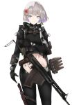  1girl abs absurdres aps_rifle assault_rifle blue_eyes center_opening commentary_request girls&#039;_frontline gloves grey_hair gun highres knife knife_holster original pz-15 rifle solo star_tattoo tactical_clothes tattoo watch weapon wristwatch 