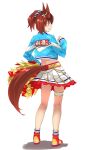  1girl absurdres animal_ears brown_eyes brown_hair cheerleader commentary from_behind full_body hair_ornament hair_scrunchie hand_on_hip highres horse_ears horse_tail kneepits long_sleeves looking_away nice_nature_(umamusume) parted_lips pom_pom_(cheerleading) scrunchie short_hair simple_background skirt solo standing striped striped_scrunchie tail tail_through_clothes tanabe_(fueisei) thigh_strap umamusume white_background 