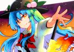  1girl :q black_headwear blue_hair blurry bow bowtie depth_of_field fire food foreshortening fruit hat highres hinanawi_tenshi leaf long_hair looking_at_viewer orange_eyes peach puffy_short_sleeves puffy_sleeves qqqrinkappp red_bow red_eyes short_sleeves solo sword_of_hisou tongue tongue_out touhou upper_body 