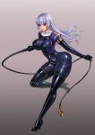  1girl bodysuit boots breasts covered_navel covered_nipples full_body grey_hair high_heel_boots high_heels impossible_bodysuit impossible_clothes latex long_hair nun original purple_eyes rindou_(radical_dream) shiny shiny_clothes skin_tight whip 