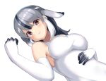  1girl bangs bearded_seal_(kemono_friends) blush breasts brown_eyes dress elbow_gloves eyebrows_visible_through_hair gloves grey_hair hair_behind_ear highres kemono_friends kemono_friends_3 looking_at_viewer lying medium_breasts multicolored_hair sawara_noa smile solo streaked_hair white_background white_dress white_gloves 