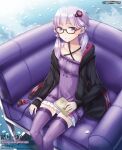  1girl ayakura_juu book chair character_name company_name dress flat_chest glasses highres hood hoodie looking_at_viewer official_art purple_dress purple_eyes purple_hair purple_legwear sitting smile vocaloid voiceroid yuzuki_yukari 