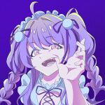  1girl amiya_aranha bangs blue_dress braid dress english_commentary eyebrows_visible_through_hair fangs hair_ribbon hairband lolita_hairband long_hair looking_at_viewer magho mouth_pull open_mouth portrait purple_background purple_eyes purple_ribbon ribbon smile solo tsunderia twin_braids virtual_youtuber 