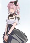  1girl alternate_costume arknights armlet ascot black_ascot black_dress black_hairband black_ribbon bracelet breasts brown_eyes cleavage closed_mouth collar cowboy_shot crop_top dress facial_mark hair_ribbon hairband highres infection_monitor_(arknights) jewelry medium_breasts pink_hair pudding_(arknights) ribbon shirt short_hair short_sleeves solo v_arms whisker_markings white_shirt zheshe_jing 