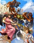  1boy 1girl absurdres artist_name barefoot_sandals black_eyes black_hair blue_gloves blurry blurry_background breasts brown_hair cleavage clenched_hand cloud daimos english_commentary erika_(daimos) feathers gao_ex_kaiser gloves hairband highres long_hair looking_up mecha medium_breasts orange_eyes pilot_suit pink_hairband ryuuzaki_kazuya sky smile super_robot toushou_daimos 
