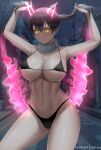  1girl abpart alternate_breast_size areola_slip areolae armpits arms_up artist_name bangs bare_shoulders bikini black_bikini black_hair blurry blurry_background blush breasts cleavage closed_mouth collarbone commentary covered_nipples cowboy_shot en&#039;en_no_shouboutai eyebrows_visible_through_hair fiery_ears fiery_tail fire groin hair_between_eyes highres holding holding_hair large_breasts long_hair looking_at_viewer navel night outdoors patreon_username purple_fire sidelocks solo standing stomach swimsuit tail tamaki_kotatsu twintails underboob yellow_eyes 