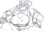  anthro belly blue_hair blush body_hair chest_hair exe_exem gouryou grin hair happy_trail lifewonders male mammal naughty_face overweight pecs sketch smile solo staff suid suina sus_(pig) tokyo_afterschool_summoners tusks video_games wild_boar 