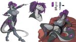  absurd_res anthro aphra_scarlett_hellsing armor arro_art black_mamba breasts chilling elapid_(snake) futuristic hair hi_res humanoid male mamba model_sheet pose purple_eyes purple_hair reptile scalie snake solo tattoo 