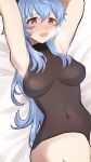  1girl armpits arms_up bangs bed_sheet black_leotard blue_hair blush breasts covered_navel eyebrows_visible_through_hair full-face_blush ganyu_(genshin_impact) genshin_impact heavy_breathing highres leotard long_hair looking_at_viewer lying medium_breasts on_back open_mouth purple_eyes rktsm sidelocks solo 