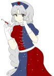  blood blue_dress chibiriteraru closed_mouth dress gloves grey_hair hand_on_own_face hat looking_at_viewer red_dress smile syringe touhou white_background yagokoro_eirin 