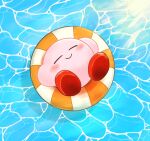  afloat blue_background blush closed_eyes closed_mouth commentary_request day from_above full_body happy highres innertube kirby kirby_(series) light_rays lying miwa_(ahyuck) no_humans on_back outdoors smile solo sunlight water 