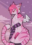  anthro clothing ear_piercing facial_hair facial_piercing felid feline finn_(rainbowpillars) freckles genitals girly hair lynx male mammal markings nose_piercing nose_ring pattern_clothing penis piercing pink_body pink_hair pink_penis ponytail rainbowpillars solo striped_clothing striped_markings stripes wings 