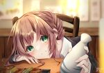  1girl absurdres alcohol blurry blurry_background brown_hair chair formal green_eyes head_on_table highres indoors izakaya looking_at_viewer making-of_available office_lady original sake sitting skewer suit table yanagi_uraba 