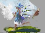  1girl :o artist_name barefoot blue_bow blue_dress blue_eyes blue_hair bow bug butterfly butterfly_net cirno dress flower from_side full_body grass hair_bow hand_net hat hat_loss hat_removed headwear_removed holding holding_butterfly_net ice ice_wings open_mouth pink_flower puffy_short_sleeves puffy_sleeves running saltlaver short_hair short_sleeves solo straw_hat sunflower tanned_cirno touhou wings 