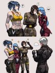  1boy 3girls abs bangs bare_shoulders black_gloves blue_hair breasts brown_hair cellphone crossed_arms dog_tags earrings gloves gloves_removed gold_gloves high_ponytail highres holding holding_phone jewelry k&#039;_(kof) kula_diamond large_breasts leona_heidern long_hair military military_uniform multiple_girls navel pants phone pouch short_hair smartphone split_screen standing sunglasses syachiiro the_king_of_fighters uniform v whip_(kof) 