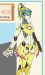  1girl aqua_eyes blush cleavage_cutout clothing_cutout humanoid_robot joints jpeg_artifacts mecha mechanical_arms mechanical_legs mechanical_parts no_humans no_mouth open_hand original ponytail robot robot_joints shion_humine yellow_armor 