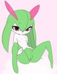  2_horns anus arm_support bent_legs bottomwear breasts butt closed_smile clothing female front_view genitals green_body green_hair hair holding_legs_back horn humanoid kirlia leaning leaning_back leg_grab looking_at_viewer masterploxy multicolored_body navel nintendo not_furry on_ground pink_background pok&eacute;mon pok&eacute;mon_(species) presenting presenting_hindquarters presenting_pussy pussy red_eyes simple_background sitting small_breasts smug_grin solo spread_legs spreading straight_arm two_tone_body video_games white_body white_bottomwear white_clothing 
