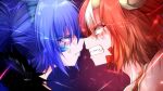  2girls anger_vein annes_(g_(genesis1556)) bangs blue_background blue_hair clenched_teeth commentary_request dein_(g_(genesis1556)) dragon_girl dragon_horns face from_side fur_trim g_(genesis1556) highres horns long_hair looking_at_another medium_hair multicolored_hair multiple_girls noses_touching open_mouth original red_background red_hair sanpaku scar sidelocks streaked_hair teeth two-tone_background v-shaped_eyebrows white_hair 
