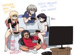  4girls bangs black_hair blonde_hair blue_eyes breasts call_of_duty call_of_duty:_black_ops cleavage collarbone controller dark-skinned_female dark_skin english_text flat_screen_tv game_controller grey_hair hair_ornament hairclip highres holding hood hoodie ijiranaide_nagatoro-san kitagawa_marin komi-san_wa_komyushou_desu komi_shouko long_hair multiple_girls nagatoro_hayase open_mouth playing_games red_eyes shirt short_hair shorts simple_background sitting sono_bisque_doll_wa_koi_wo_suru t-shirt television tina_fate uzaki-chan_wa_asobitai! uzaki_hana v-neck video_game white_background 