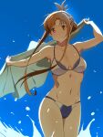  1girl asuna_(sao) bikini breasts cleavage cowboy_shot looking_at_viewer navel original puge simple_background smile swimsuit towel water 