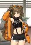  1girl absurdres ahoge black_shorts blurry blurry_background brown_hair fluf.p highres jacket long_hair navel off_shoulder one_eye_closed open_clothes orange_jacket short_shorts shorts solo standing taki_(wild_girls) wild_girls 