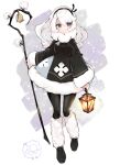  0x0_srnk 1girl absurdres bangs bell blush closed_mouth cookie_run cotton_cookie dress fur_trim green_eyes headband highres holding holding_lantern holding_staff lantern leg_warmers long_hair looking_to_the_side pantyhose parted_bangs shawl sheep shoes smile snow solo spade_(shape) staff white_hair 