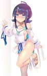  1girl bangs bare_shoulders black_hair blue_eyes blue_ribbon blush breasts collarbone dress fate/grand_order fate/requiem fate_(series) fundoshi highres japanese_clothes jewelry large_breasts long_sleeves looking_at_viewer magatama magatama_hair_ornament magatama_necklace medium_hair multicolored_hair necklace pelvic_curtain pink_hair puffy_long_sleeves puffy_sleeves ribbon sandals sen_(astronomy) short_dress sideboob sideless_outfit solo streaked_hair thighs utsumi_erise white_dress 