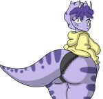  anthro black_clothing black_underwear butt ceratopsian clothing dinosaur facial_horn female goodbye_volcano_high hair hoodie horn humanoid looking_at_viewer looking_back mammal ornithischian presenting presenting_hindquarters purple_body purple_eyes purple_hair purple_skin raised_tail reptile scalie snoot_game_(fan_game) solo topwear triceratops trish_(gvh) underwear unknown_artist video_games 