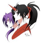  2girls bangs black_hair closed_mouth commentary_request face hair_ribbon highres horns japanese_clothes kamenozoki_momomo kataginu kimono konngara_(touhou) looking_to_the_side multiple_girls parted_bangs parted_lips ponytail purple_eyes red_eyes red_hair red_ribbon ribbon single_horn smile touhou touhou_(pc-98) 