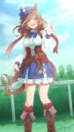  1girl absurdres belt_pouch blurry blurry_background blush boots breasts brown_eyes brown_hair cloud commentary_request fence hair_ornament hairclip highres looking_at_viewer matikane_tannhauser_(umamusume) medium_breasts medium_hair open_mouth pouch sky solo tokufumi umamusume 