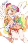  1girl :d armpits arms_up bangs blonde_hair bodysuit breasts cameltoe chest_jewel covered_nipples cure_yum-yum delicious_party_precure double_bun drill_hair erect_clitoris eyebrows_visible_through_hair full_body gloves hat highres looking_at_viewer magical_girl niko_(tama) precure red_eyes simple_background small_breasts smile solo thigh_strap thighs twin_drills white_background white_gloves 