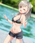 bangs bikini black_bikini black_eyes black_shorts blurry blurry_background blush braid breasts collarbone commentary_request double_v earrings eyebrows_visible_through_hair grey_hair hands_up highres hisakawa_hayate idolmaster idolmaster_cinderella_girls jewelry long_hair looking_at_viewer medium_breasts navel one_eye_closed open_mouth open_pants outdoors pants paopao ponytail poolside short_shorts shorts smile solo stomach swimsuit thighs v water wristband 