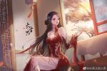  brown_hair chair dress facial_mark forehead_mark highres huo_linger_(wanmei_shijie) huo_linger_tongren_she indoors legs long_hair looking_to_the_side red_dress sitting tree wanmei_shijie window 