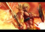  1boy abs animification axe barbarian belt bishounen blonde_hair cloud dusk energy fantasy fire he-man looking_at_viewer masters_of_the_universe muscular shield signature smirk sword sword_of_power tan vest weapon xong 
