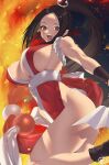  1girl breasts brown_eyes brown_hair fatal_fury folding_fan hand_fan high_ponytail highres japanese_clothes large_breasts long_hair looking_at_viewer murata_tefu open_mouth pelvic_curtain ponytail revealing_clothes shiranui_mai sideboob smile solo the_king_of_fighters 