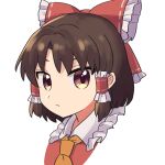  1girl :/ ascot bangs bow brown_eyes brown_hair closed_mouth collared_shirt commentary_request face frilled_bow frilled_shirt_collar frills hair_bow hair_tubes hakurei_reimu highres min1223 red_bow red_shirt shirt short_hair sidelocks simple_background solo touhou white_background yellow_ascot 