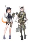  2girls absurdres ahoge animal_ears bandaid bandaid_on_cheek bandaid_on_face bangs blue_eyes boots bulletproof_vest cat cat_ears cat_girl cat_tail eyebrows_visible_through_hair eyewear_on_head fake_animal_ears garter_straps german_flag gloves green_legwear gun hair_ornament hair_scrunchie headphones helmet highres holding holding_gun holding_tablet_pc holding_weapon hood hoodie knee_pads long_hair looking_at_viewer microphone multiple_girls no_legwear orange_hair original police purple_eyes rifle sawkm scrunchie shoes simple_background sketch sneakers sunglasses tablet_pc tail thigh_strap thighhighs thighs tongue tongue_out twintails very_long_hair weapon white_background white_hair white_hoodie 