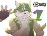  anthro blush canid canine chardonnay_romancia clothing cotton_(artist) fox fur grey_body grey_fur grin hat headgear headwear kerchief male mammal rudolf_yelp shush simple_background smile solo 