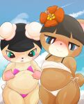  absurd_res accessory animal_crossing anthro belly bikini black_hair blue_eyes blush bodily_fluids breasts brown_body clothed clothing duo female flower flower_in_hair green_eyes hair hair_accessory hi_res june_(animal_crossing) looking_at_viewer mammal nintendo pekoe_(animal_crossing) plant skimpy slightly_chubby smile sweat swimwear tan_body type ursid video_games 