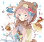  1girl :d animal_ears animal_hood bangs bear_hood blue_bow blue_eyes blush bow brown_bow brown_capelet brown_shirt capelet coffee commentary cup eyebrows_visible_through_hair fake_animal_ears food fork fruit hair_between_eyes hand_on_own_knee highres hood hood_up hooded_capelet knees_up looking_at_viewer mushroom original pancake pants pink_hair puffy_sleeves saucer shirt sitting smile solo spoon strawberry striped striped_legwear symbol-only_commentary tongs tsukiyo_(skymint) whipped_cream 