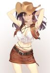  1girl arms_behind_head bare_arms belt black_hair breasts brown_skirt brown_vest cowboy_hat cowboy_western earrings final_fantasy final_fantasy_vii final_fantasy_vii_remake fringe_trim goku-chan grey_background hair_between_eyes hands_in_hair hat highres jewelry large_breasts medium_hair midriff navel official_alternate_costume red_eyes shirt skirt solo tifa_lockhart upper_body vest white_shirt younger 