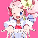  1girl ;d aria_pkmn blue_eyes blush collarbone commentary_request earrings eyelashes headset highres jewelry long_hair long_sleeves looking_at_viewer mole mole_under_eye one_eye_closed open_mouth outline outstretched_hand pink_background pink_hair pokemon pokemon_(game) pokemon_bw2 purple_hair shirt side_ponytail smile solo tongue upper_body white_shirt yancy_(pokemon) 