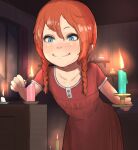  1girl 4066 bangs blue_eyes braid candle candlelight candlestand commission dress freckles light looking_at_viewer night nightgown original red_hair short_hair smile solo twin_braids wax 