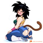  1girl :d ass bare_shoulders black_eyes black_hair breasts bunkwizard cum dragon_ball dragon_ball_minus gine half-closed_eyes looking_at_viewer looking_back monkey_tail netorare saiyan_armor saliva seiza sitting smile solo stray_pubic_hair tail torn_clothes 