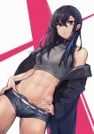  1girl abs black_hair breasts choker cowboy_shot eyebrows_visible_through_hair hair_between_eyes hand_on_hip highres ichinose_uruha jacket long_sleeves looking_at_viewer lupinus_virtual_games midriff navel open_clothes open_jacket short_shorts shorts small_breasts solo uso_ashio vspo! 