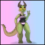  :3 amber_(squablodecomplash) anthro black_clothing black_topwear bottomwear breasts clothed clothing digital_media_(artwork) e_toes eyelashes eyeshadow facial_markings female gesture green_body green_scales head_markings hi_res horn horn_markings kobold looking_at_viewer makeup markings multicolored_body paws pink_clothing scales scalie smile smug solo squablodecomplash tail_markings topwear underwear v_sign wide_hips yellow_eyes 