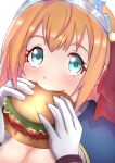  1girl blue_eyes breasts burger cleavage food hair_ribbon highres karamell karamell_11 large_breasts pecorine_(princess_connect!) princess_connect! ribbon undefined 