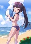  1girl :d absurdres ass back ball bangs beach beachball bikini black_hair blue_sky blush body_blush bow breasts cloud commentary_request cookie_(touhou) day earrings eyebrows_visible_through_hair fairy_wings feet_out_of_frame hair_bow highres hime_cut holding holding_ball holding_beachball horizon jewelry long_hair looking_at_viewer o-ring o-ring_bottom ocean open_mouth outdoors plant ponytail purple_bikini purple_bow purple_eyes shunga_youkyu sidelocks sky small_breasts smile solo sparkle star_(symbol) star_earrings star_sapphire swimsuit the_chicken_that_appears_in_the_middle_of_cookie thighs touhou tsugumi_amon water wings 