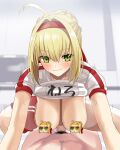  1boy 1girl blonde_hair blush breasts censored closed_mouth clothes_lift fate_(series) gachou green_eyes hairband hetero highres large_breasts looking_at_viewer male_pubic_hair navel nero_claudius_(fate) pubic_hair red_hairband red_shorts sex shirt shirt_lift short_sleeves shorts smile solo_focus squatting_cowgirl_position white_shirt 