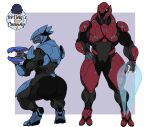 1ceberg absurd_res alien anthro armor big_butt blade butt clothing crouching duo energy_sword front_view halo_(series) hand_on_hip hi_res male melee_weapon microsoft muscular muscular_male muscular_thighs pecs plasma_rifle rear_view sangheili standing sword thick_thighs tight_clothing video_games weapon xbox_game_studios 